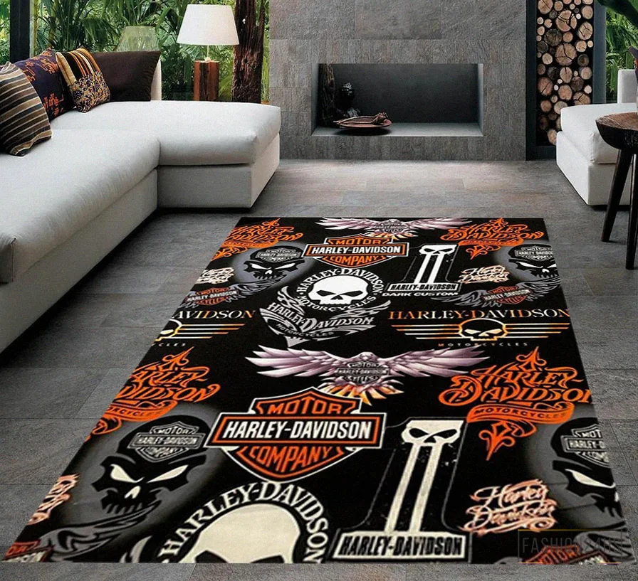 Fashion24Hs - Printed T - Shirt - Harley Rug - Garage Room Carpet - Harley Fans Rug - Harley Davidson Rug - Teens Room Rug - Living Room Rug - Custom Rug - Game Room Rug Version 4