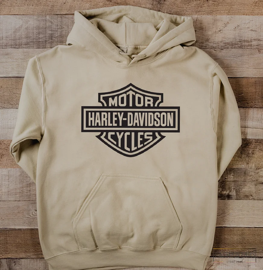 Fashion24Hs - Fleece Sweatshirt - Retro Look Harley Davidson Logo Hoodie | Harley Motorcycles Hooded Sweatshirt | Beige Sand Hoodie Hd Logo | Fathers Day Present