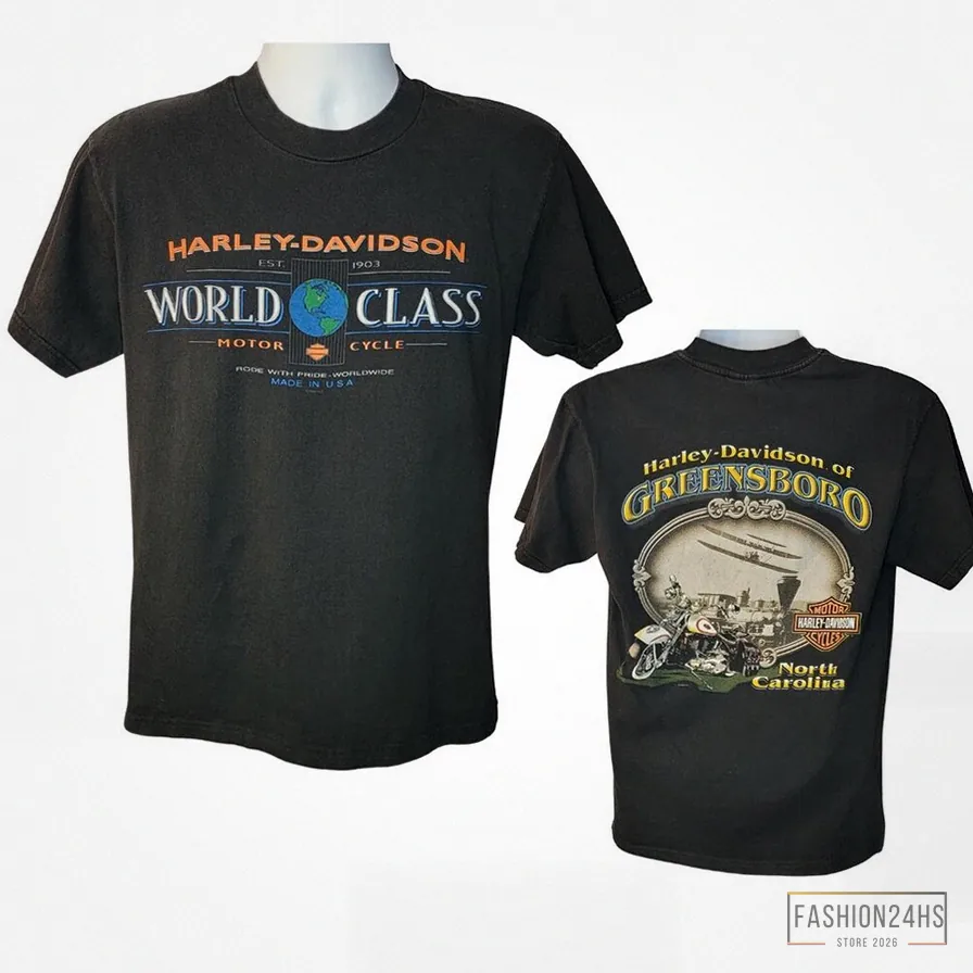 Fashion24Hs - Graphic Tee - 1998 Harley Davidson World Class Motorcycles Tee - Hd Of Greensboro North Carolina - Back Print - Men'S Size Medium