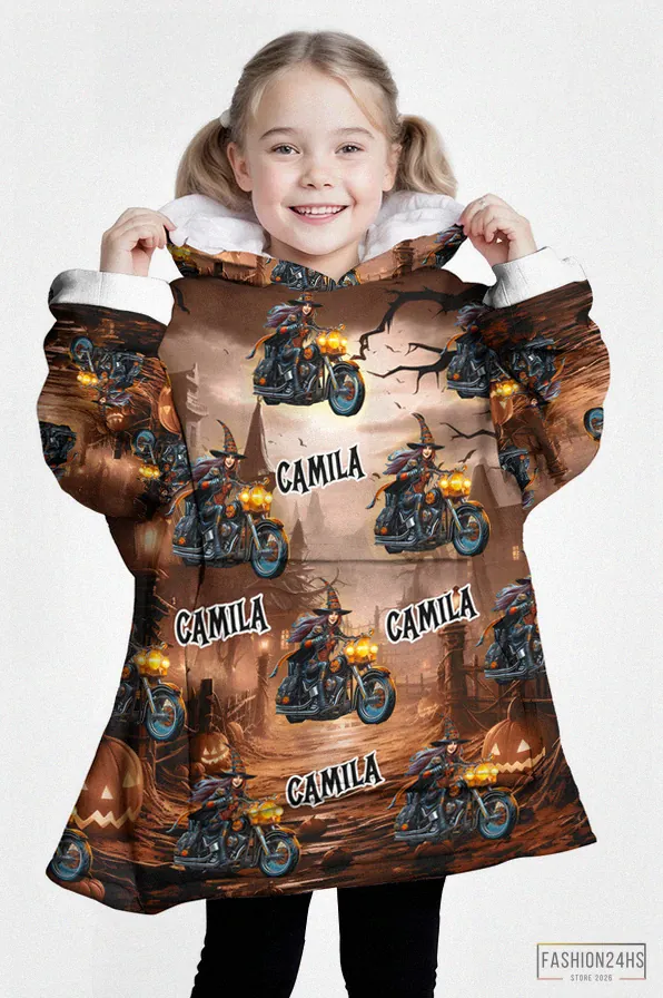 Fashion24Hs - Warm Blanket - Personalized Face & Name Harley Davidson Biker Girl Halloween Snug Oversized Wearable Hoodie Blanket