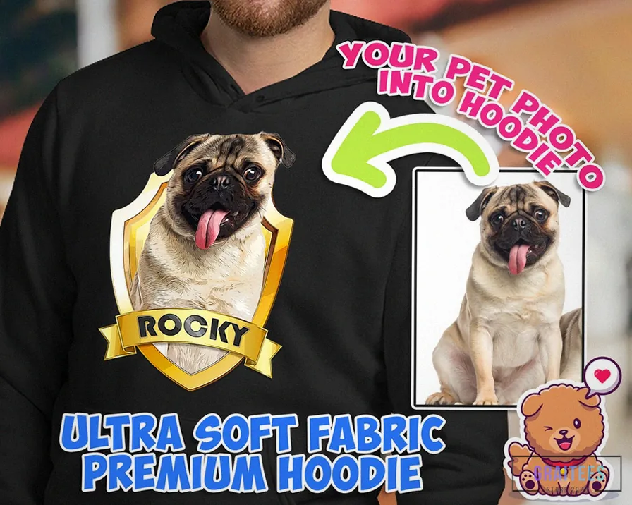 Graitees - Custom Hoodie - Custom Pet Photo On Unisex Hoodie - Personalized Shield Design Dog & Cat Hoodie - Customized Dog Name - Gift For Pet Dog And Cat Lover Owner