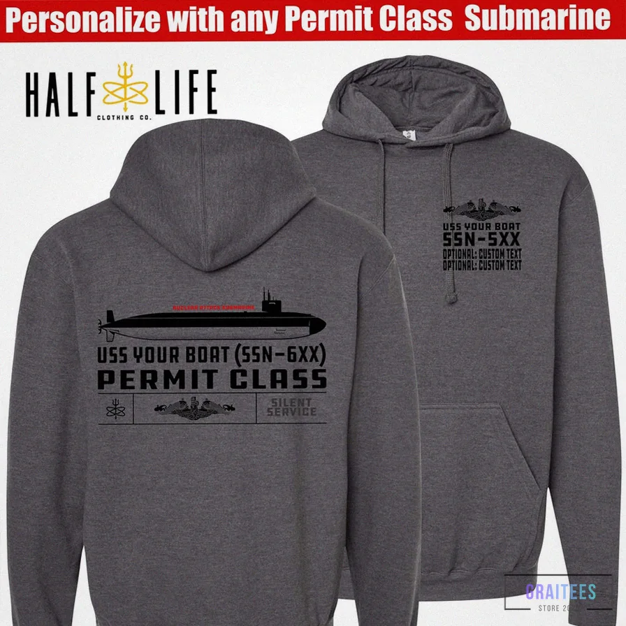 Graitees - Custom Hoodie - Permit Class Submarine Hoodie With Custom Personalized Boat Name - Hull Number & Custom Text | Ballistic Missile Submarine | Navy Nuke