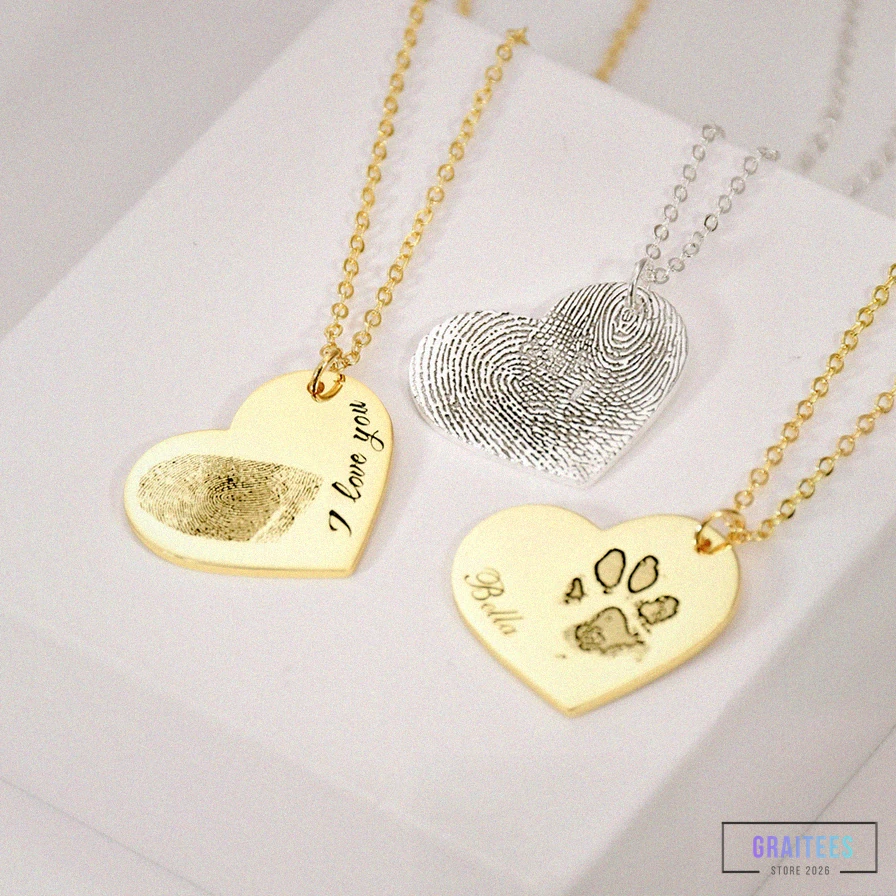Graitees - Featured Product - Custom Fingerprint Necklace • Actual Fingerprint Necklace • Engraved Pawprint Handwriting Jewelry • Custom Heart Charm • Memorial Necklace