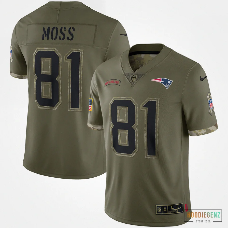 Hoodiegenz - Custom Name Jersey - Men'S New England Patriots Randy Moss Olive 2022 Salute To Service Retired Player Limited Jersey