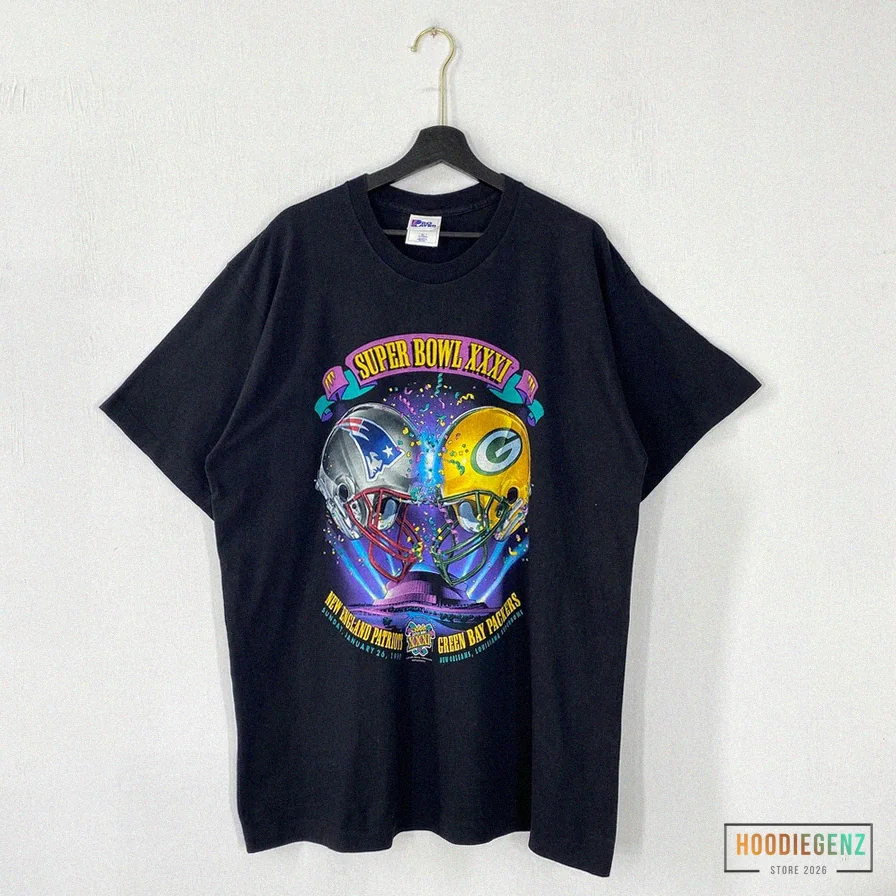 Hoodiegenz - Printed T - Shirt - Vintage 90S New England Patriots Green Bay Packers Super Bowl T - Shirt Pro Player Nfl Sportswear Single Stitch Black Xlarge