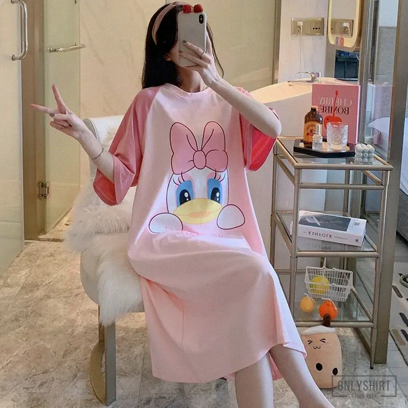 Onlyshirt - Featured Product - Disney Mickey Mouse Minnie Women'S Pajamas Loose Short Sleeve Nightdress Cotton Summer Nightwear Dress Sleepwear Home Suits Alx
