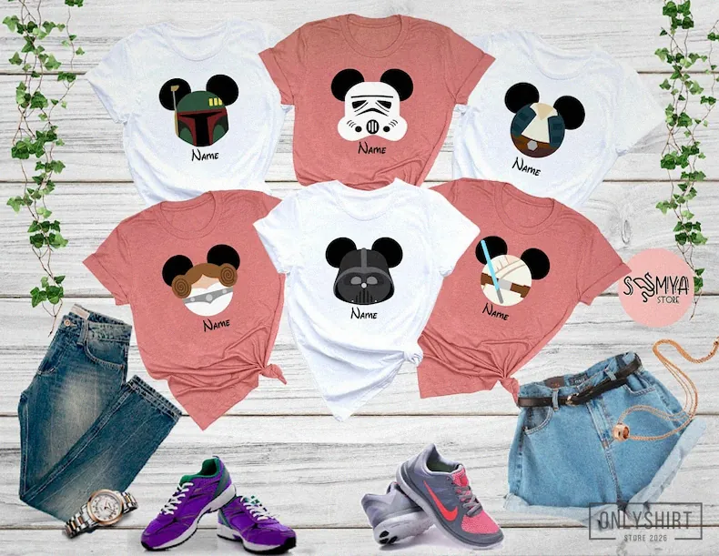 Onlyshirt - Printed T - Shirt - Custom Star Wars Family Shirts - Disney Birthday Star Wars Characters - Star Wars Mickey Ears Group Shirts - Disney Family Trip 2024 Shirts