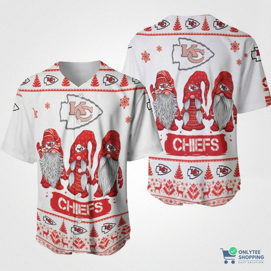 Onlytee - Custom Name Jersey - Christmas Gnomes Kansas City Chiefs Ugly Sweatshirt Christmas 3D Baseball Jersey