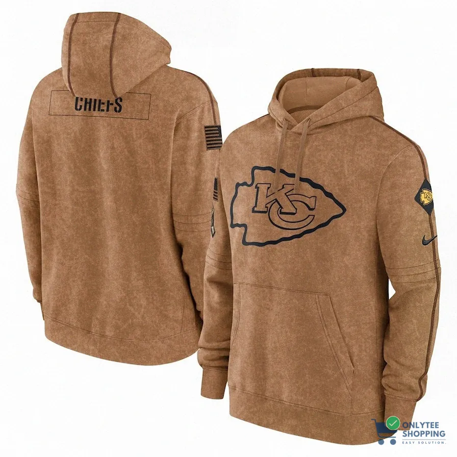 Onlytee - Printed Hoodie - Kansas City Football Stitched Brown 2023 Hoodie - Salute To Service Club Pullover Hoodie - Kansas City Hoodie - American Football Hoodie