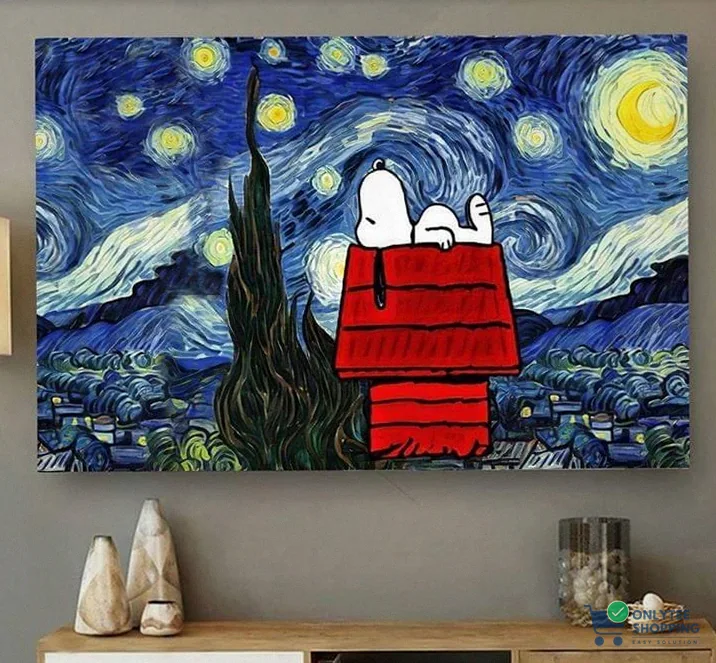 Onlytee - Wall Art Poster - Vicent Van Gogh Starry Night Style Peanuts Snoopy For Cartoon Fan Poster Poster Canvas Poster Canvas