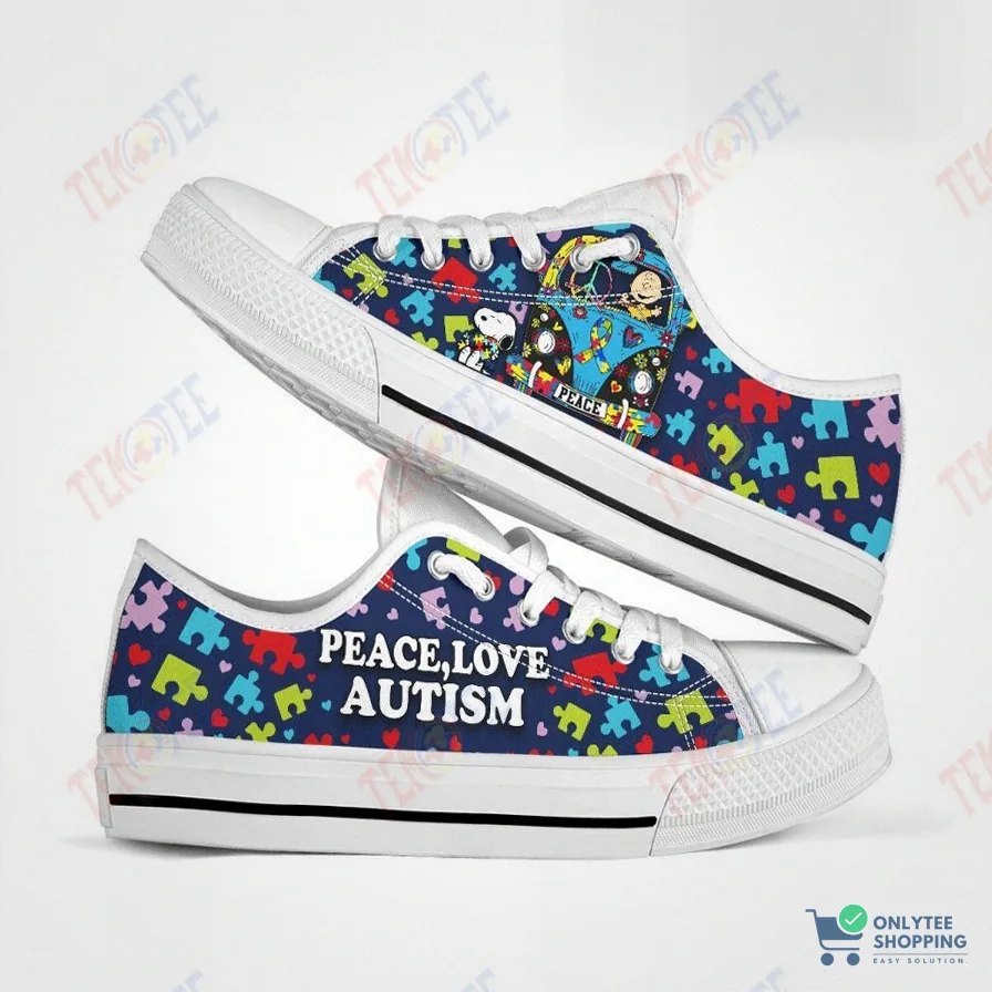 Onlytee - Lightweight Shoes - Mens Womens Snoopy And Charlie Brown Peace Love Autism Kid Snoopy And Charlie Brown Peace Love Autism Low Top Canvas Low Top Shoes Custom Print Footwear Converse Sneakers Tmt249