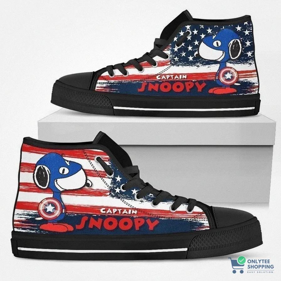 Onlytee - Custom Sneakers - Captain Snoopy Sneakers High Top Shoes American Flag High Top Shoes Va95