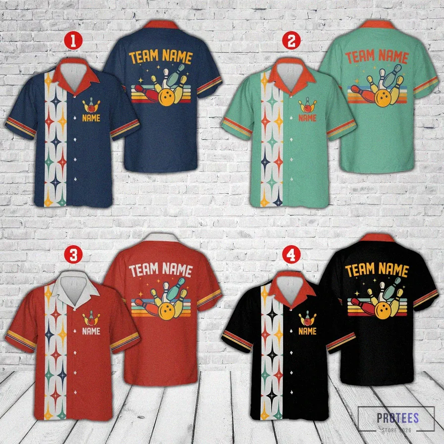 Protees - Printed T - Shirt - Personalized Retro Starbust Bowling Hawaiian Shirt - Custom Name Bowler Button Down Shirt - Matching Bowling Team Shirt - Bowling Lover Gift