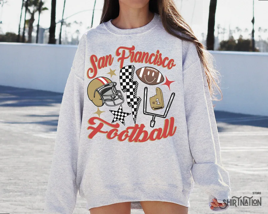 Shirtnation - Fleece Sweatshirt - Retro San Francisco Football Crewneck Sweatshirt / T - Shirt - The Niners - Vintage San Francisco Sweatshirt 49Er