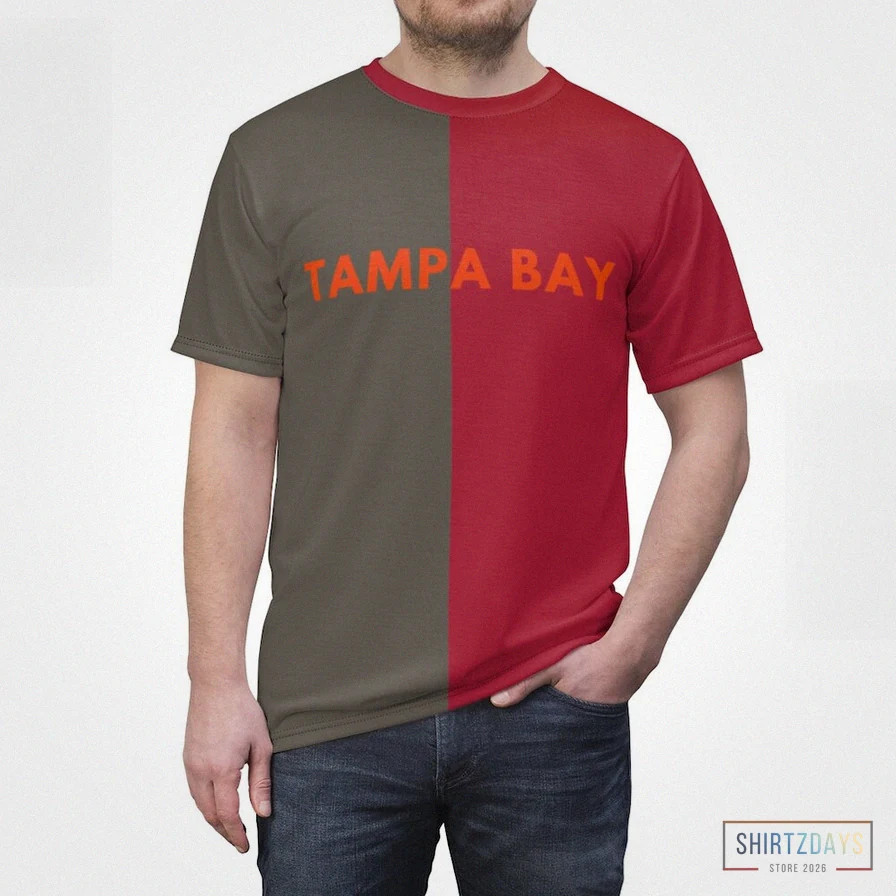 Shirtzdays - Graphic Tee - Pewter & Red With Orange Letters Tampa Bay Two Tone Adult Split Tee Half And Half