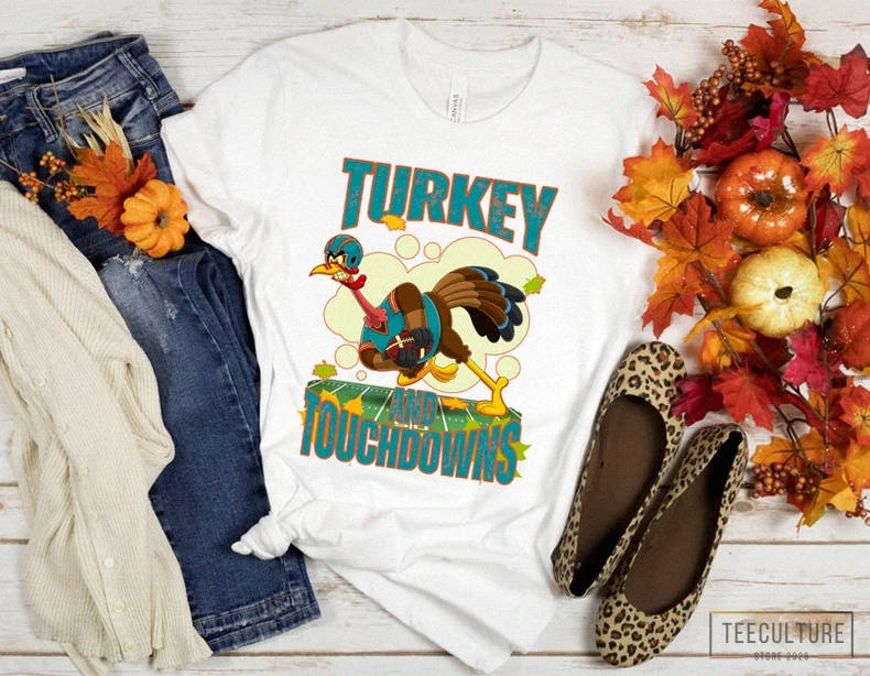 Teeculture - Graphic Tee - Miami Dolphins Shirt Thanksgiving Shirt Turkey And Touchdowns Football Shirt Thanksgiving Shirt Thanksgiving Party Shirt Game Day Shirt