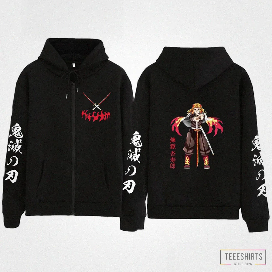 Teeeshirts - Printed Crewneck - Anime Jackets Demon Slayer Zip Up Jacket Oversized Hooded Sweatshirts Hip Hop Hoodies Streetwear Jacket Fleece Men Clothing Alx