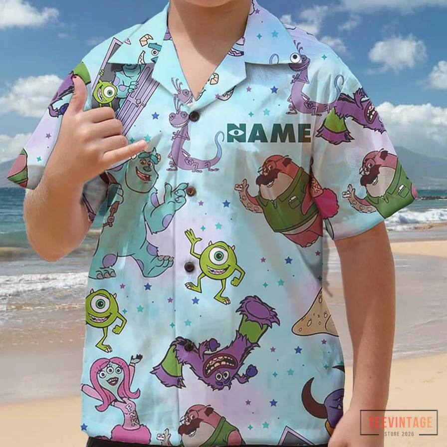 Teevintage - Printed T - Shirt - Custom Monster Inc Hawaiian Shirt - Monster Inc Shirt - Pixar Hawaiian Characters Tee - Monsters University Shirt - Disney Watercolor Button Up