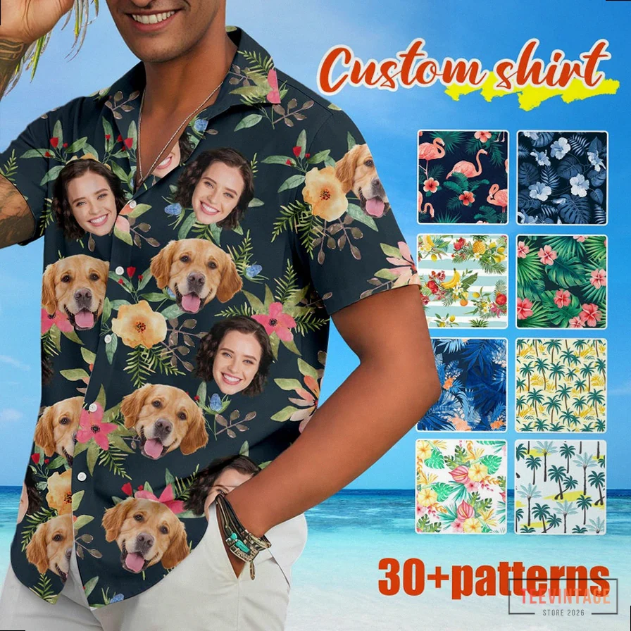 Teevintage - Printed T - Shirt - Custom Men'S Hawaiian Shirts With Photo Face Personalized Tropical Aloha Shirtfunny Pet Print On Shirt Customized Plus Size Unisex Shirt 5Xl