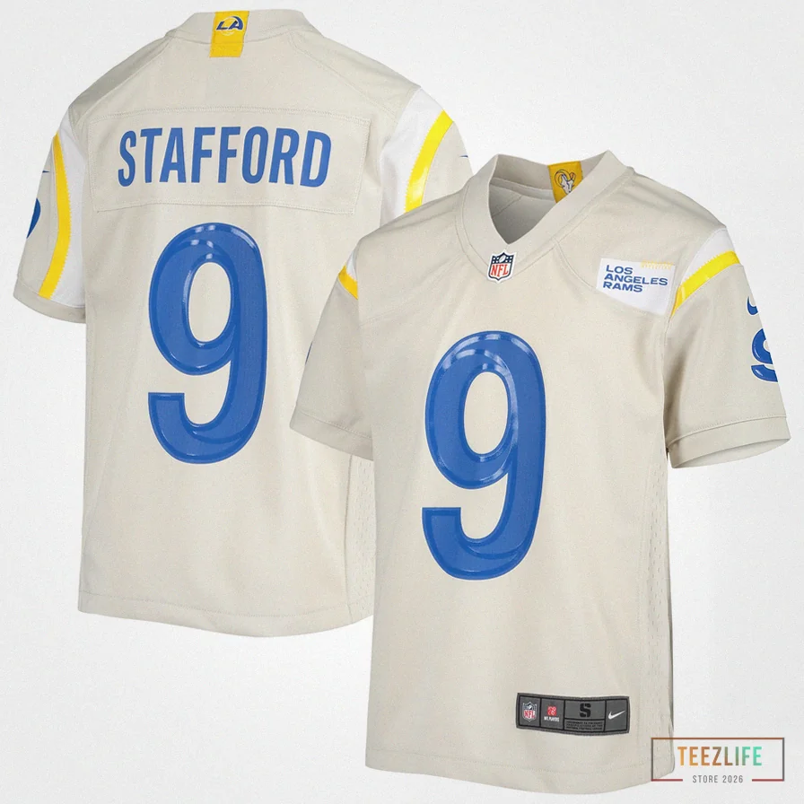 Teezlife - Custom Name Jersey - Youth Los Angeles Rams Matthew Stafford Cream Game Jersey
