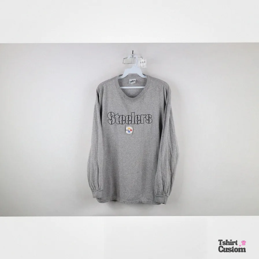 Tshirtcustom - Comfortable Long Sleeve - 90S Mens Large Distressed Pittsburgh Steelers Long Sleeve T - Shirt Gray - Vintage Pittsburgh Steelers Long Sleeve T - Shirt - 90S Football Shirt