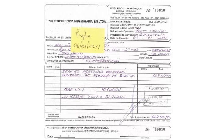 Cópia de nota apresentada pelo dirigente da Galvão Engenharia