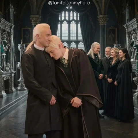 Father and son in a heartfelt embrace, watched over by the loving gaze of their 