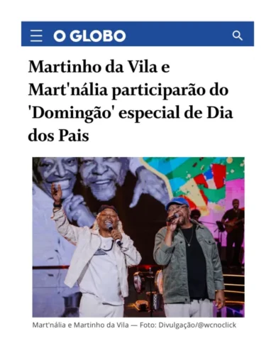 É hoje! 💙

Mart’nália e Martinho da Vila estarão juntos no “Domingão com Huck”,