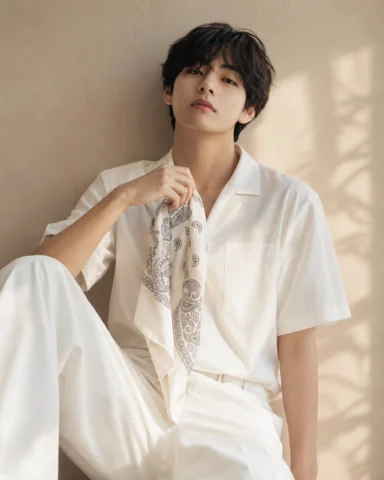 A young korean male model sitting casually on a white surface indoors, wearing a