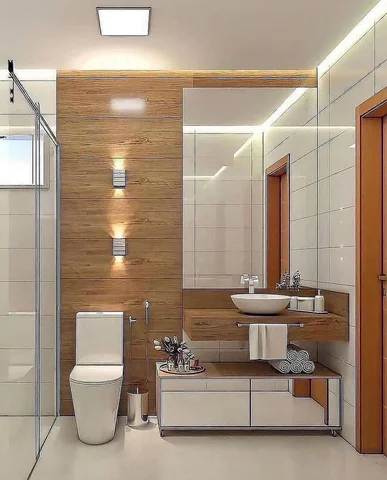 Detalhes de um banheiro clean com revestimentos amadeirados! Amei demais e vocês
