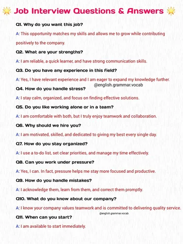 Job Interview Questions & Answers.
Q1. Why do you want this job?
A: This opportu