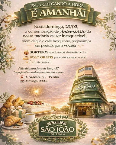 Amanhã (domingo, 29/03) a comemoração de aniversário da nossa padaria vai ser in