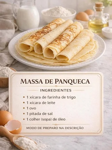 Receita Completa Massa de Panqueca

INGREDIENTES
 • 1 xícara de farinha de trigo
