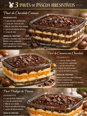 🐰 3 PAVÊS DE PÁSCOA IRRESISTÍVEIS

⸻

🍫 1. Pavê de Chocolate Cremoso

INGREDIE