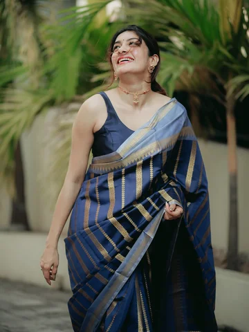Royal blue and light grey Banarasi Soft Silk Saree- elegant fusion of silk that 