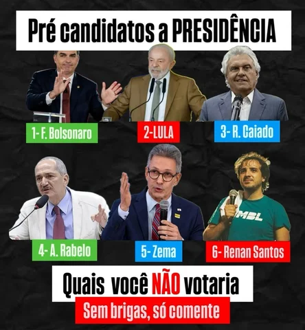 Esse é o time dos pré candidatos a presidência do BRASIL
Quais você NÃO votaria 