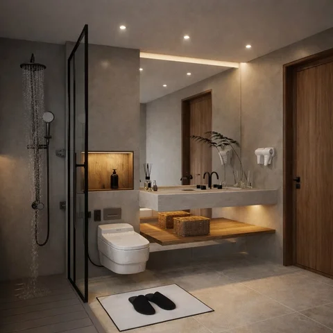 •	Modern Bathroom ✨.
تصميمي لحمام مودرن بتفاصيل هادئة وألوان عصرية🤍