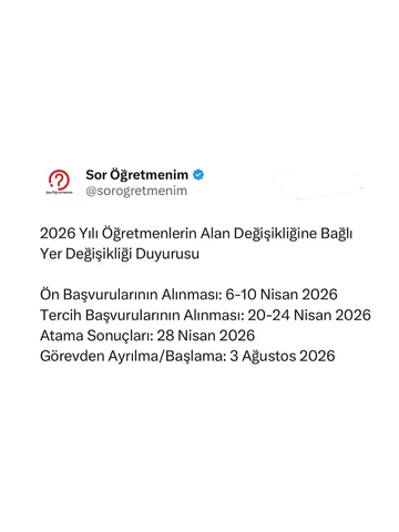 2026 Yılı Öğretmenlerin Alan Değişikliğine Bağlı Yer Değişikliği Duyurusu

Ön Ba