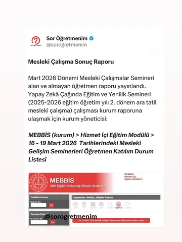 Mesleki Çalışma Sonuç Raporu

Mart 2026 Dönemi Mesleki Çalışmalar Semineri alan 