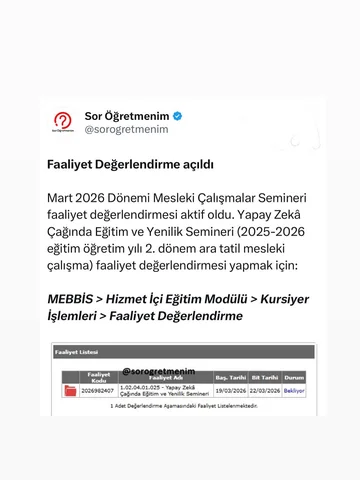 Faaliyet Değerlendirme açıldı

Mart 2026 Dönemi Mesleki Çalışmalar Semineri faal