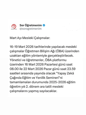 Mart Ayı Mesleki Çalışmalar:

16-19 Mart 2026 tarihlerinde yapılacak mesleki çal