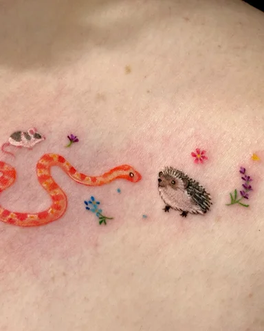 Amity’s tiny animal family 💛

#snaketattoo #hedgehog #hedgielove #animaltattoos