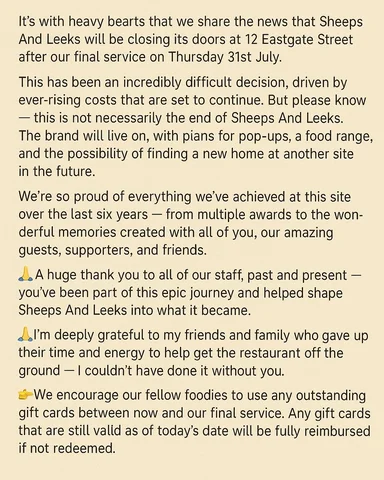 📣 Important Announcement from Sheeps And Leeks 📣

It’s with heavy hearts that 