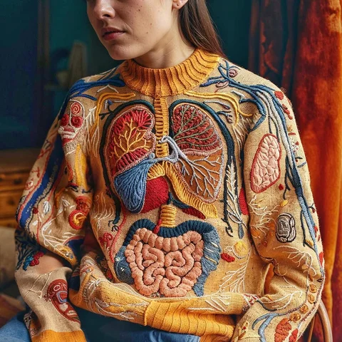 Anatomy sweaters

Made with some folkloric motifs, anatomy drawings, combined to
