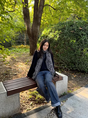 scarf gifted by mom. bag gifted by dad. jacket gifted by sister. boots gifted by