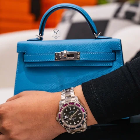 Blue Sapphire’s paired with Blue leather. 
-
Featuring our Rolex GMT 116759SARU 