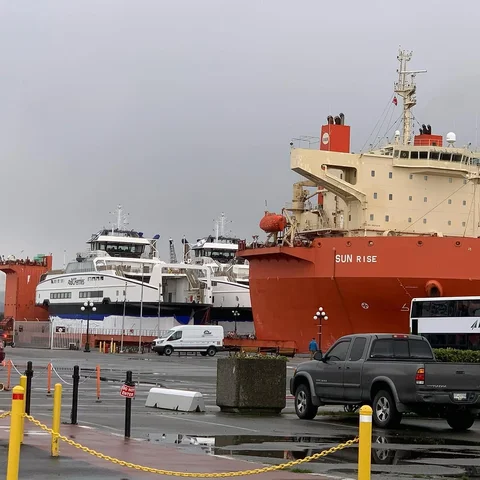 New BC Ferries electric boats waiting to be unloaded.