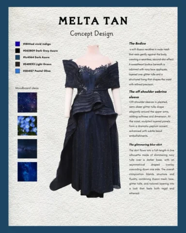 Midnight navy drapes her frame in a structured off-shoulder silhouette, where sh