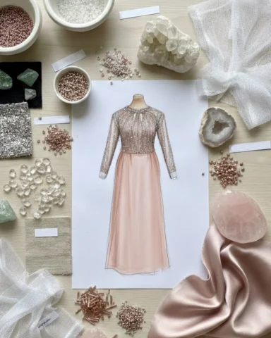 The delicately beaded bodice shimmers like morning dew, each crystal and sequin 