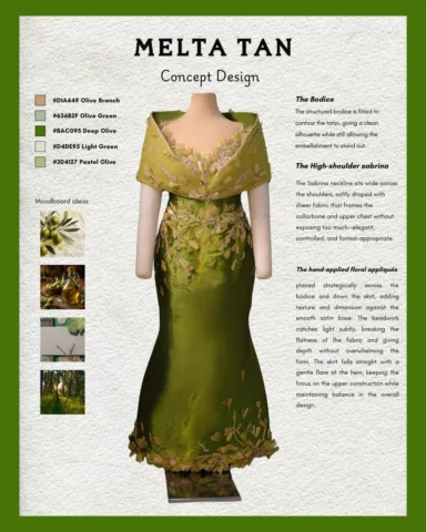 An olive-toned silhouette built on structure and restraint. The fitted bodice sc